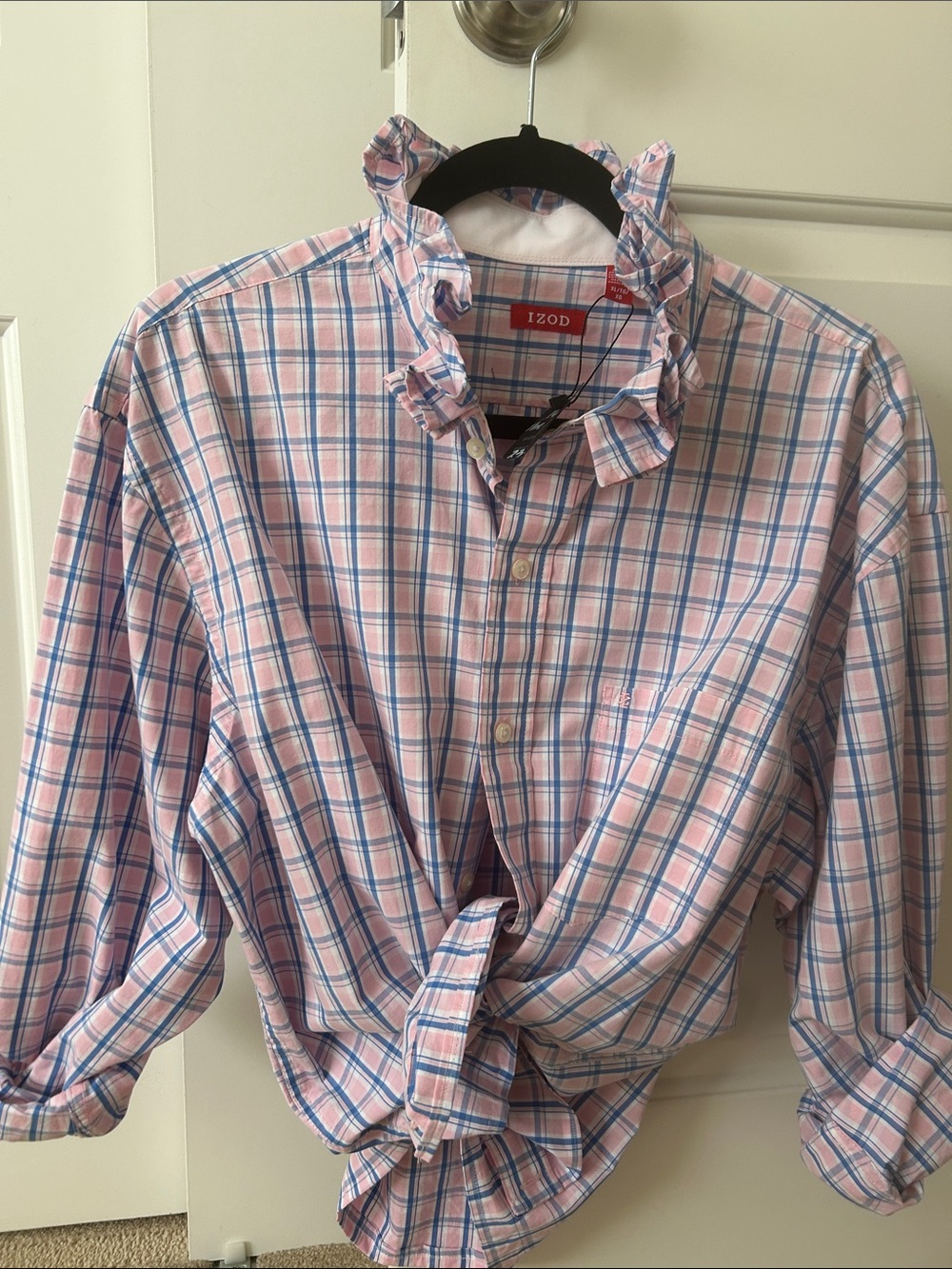 Izod Pink and Blue Plaid Long-Sleeve Button-Down Shirt recreated for a woman